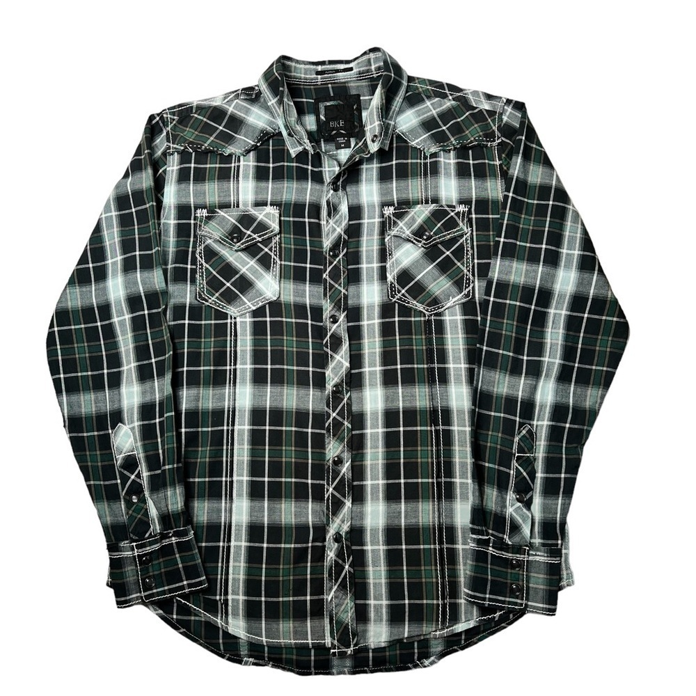 BKE Black Green Plaid Pearl Snap Button-Down Western Men's Shirt Size M